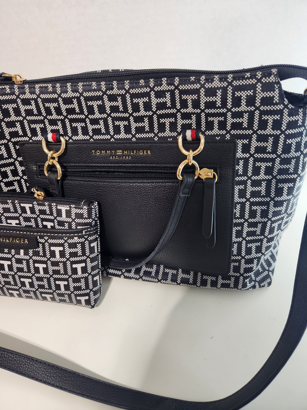 Tommy Hilfiger Black & White Monogram Tote Bag with Pouch